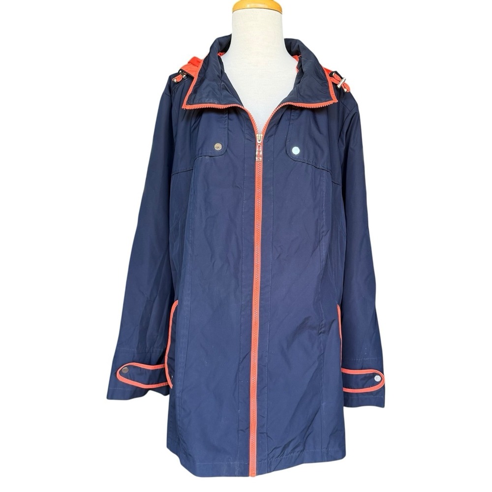 Susan Graver Women's Jacket Size 2X Blue Orange Trim Lightweight Hooded Full Zip